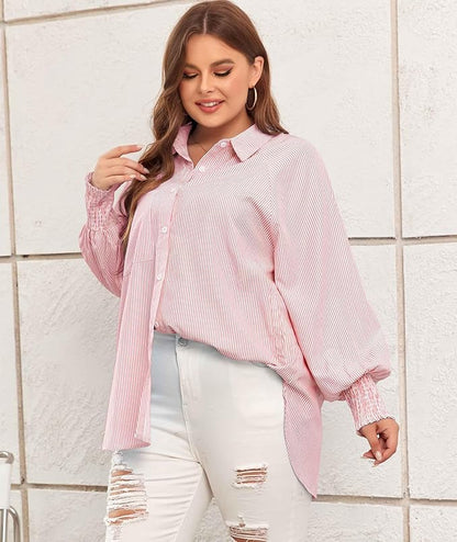 ✨This Week's Special Price $49.99💥Mid-length smocked shirt with striped lapel and oversized drawdown sleeves