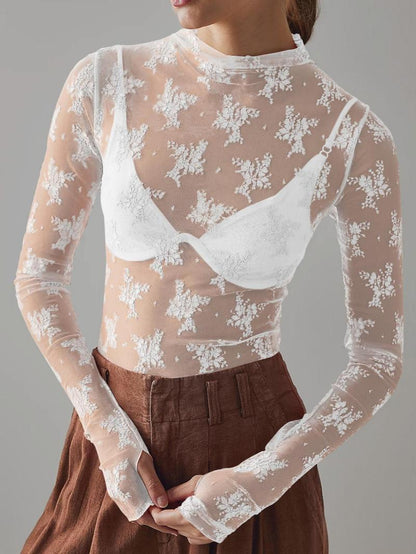 🔥LAST 4 HOURS 57% OFF -💥Women's Floral Lace Thumb Hole Sheer Tee