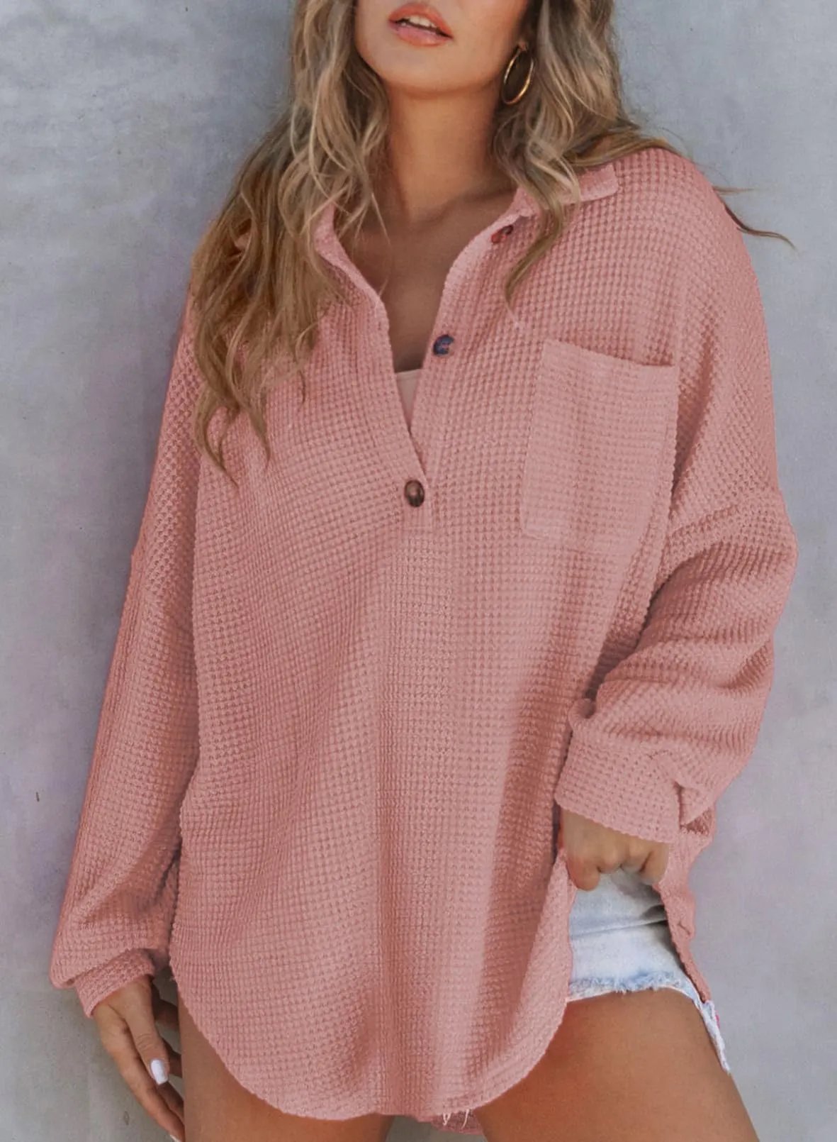 🔥LAST 4 HOURS 57% OFF -🔥Women's Waffle Knit Henley Button Shirt Jacket(BUY 2 FREE SHIPPING)