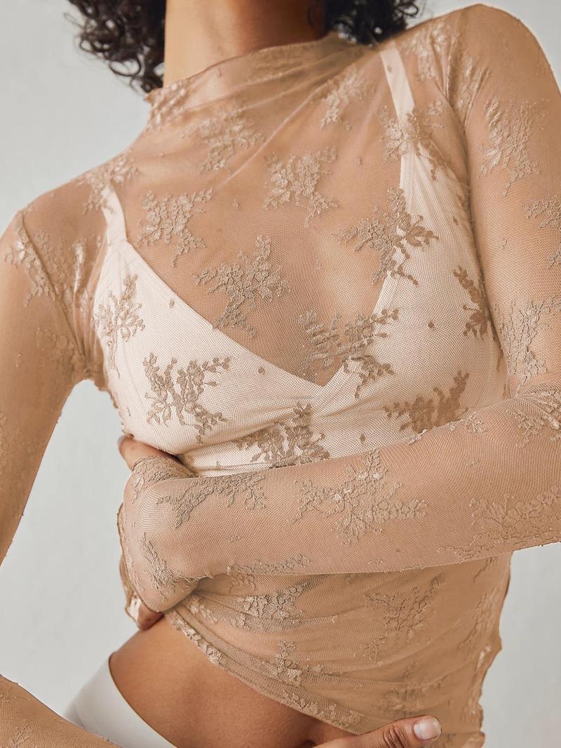 🔥LAST 4 HOURS 57% OFF -💥Women's Floral Lace Thumb Hole Sheer Tee