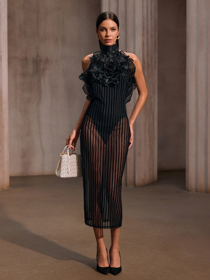 Celyxan Backless Flower Mesh Midi Dress