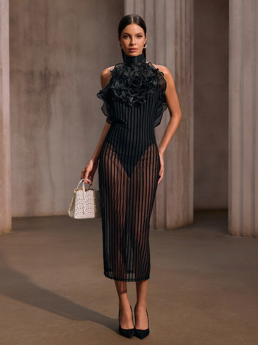 Celyxan Backless Flower Mesh Midi Dress