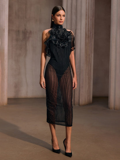 Celyxan Backless Flower Mesh Midi Dress