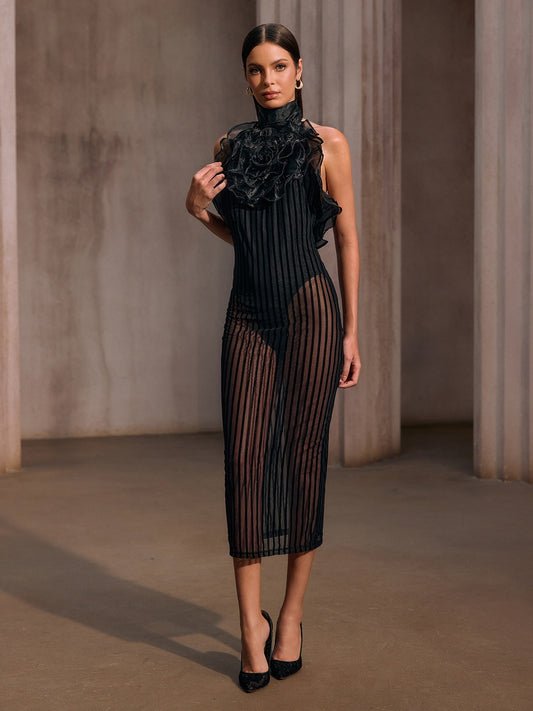 Celyxan Backless Flower Mesh Midi Dress