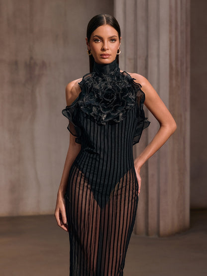 Celyxan Backless Flower Mesh Midi Dress