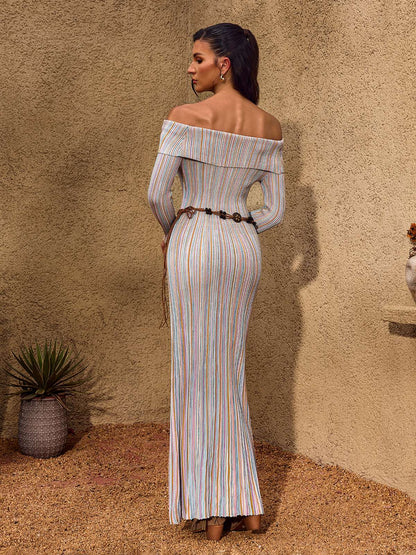 Chariel Off Shoulder Stripe Knit Maxi Dress