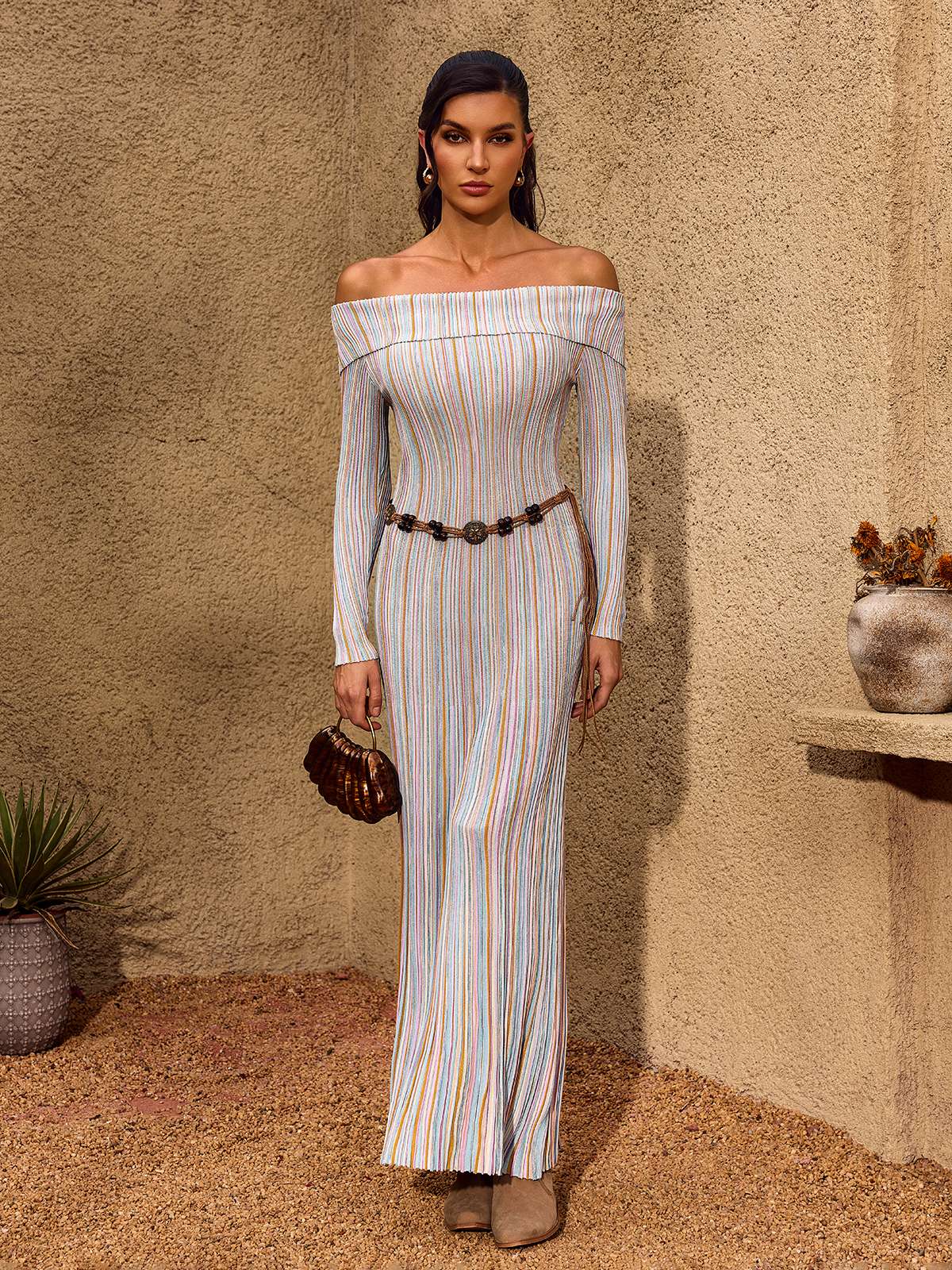 Chariel Off Shoulder Stripe Knit Maxi Dress