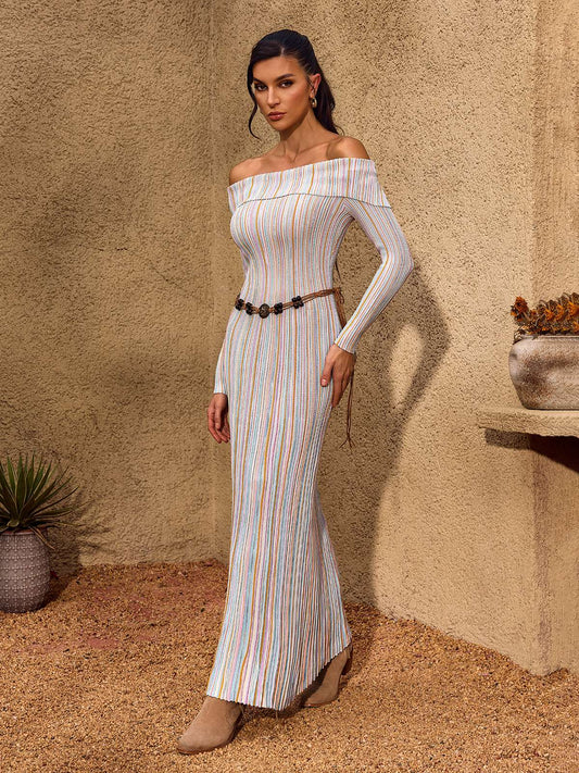 Chariel Off Shoulder Stripe Knit Maxi Dress