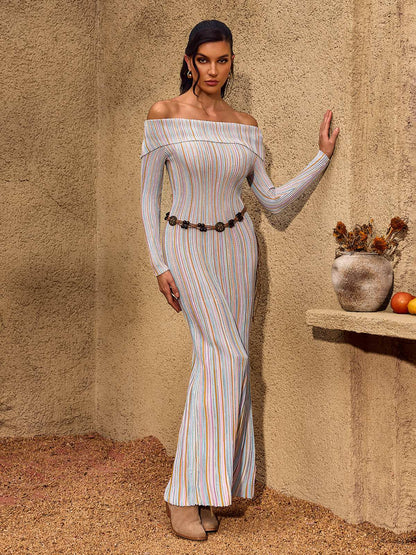 Chariel Off Shoulder Stripe Knit Maxi Dress