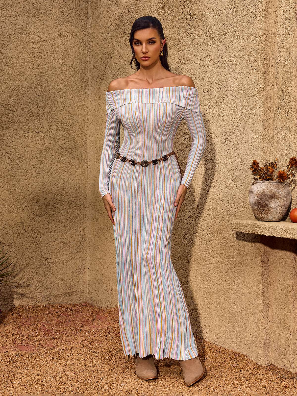 Chariel Off Shoulder Stripe Knit Maxi Dress