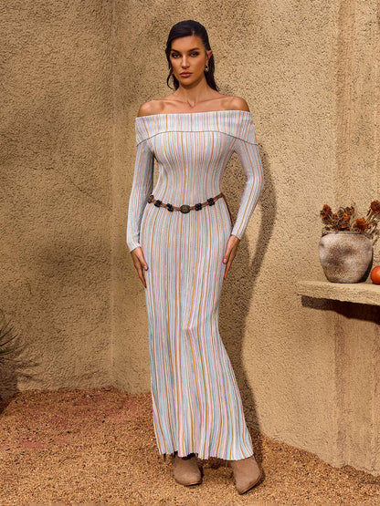 Chariel Off Shoulder Stripe Knit Maxi Dress
