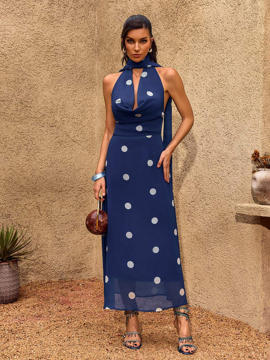 Chelo Cowl Neck Dot Maxi Dress