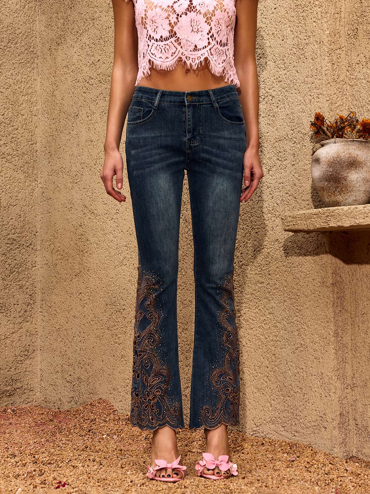 Cherris Cutout Rhinestone Flare Jeans