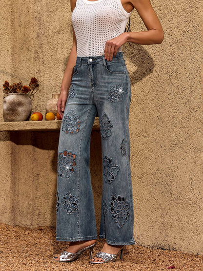 Cheta Flower Rhinestone Straight Jeans