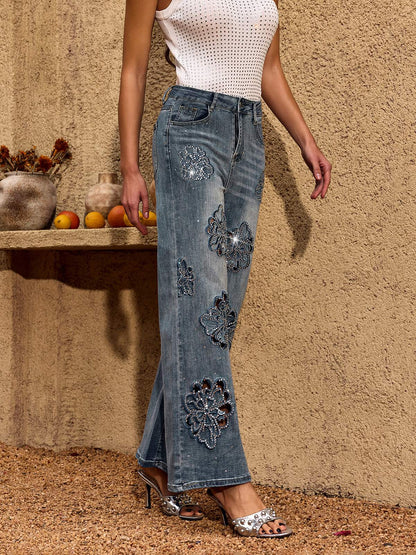 Cheta Flower Rhinestone Straight Jeans