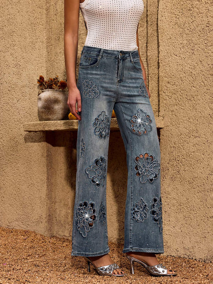 Cheta Flower Rhinestone Straight Jeans