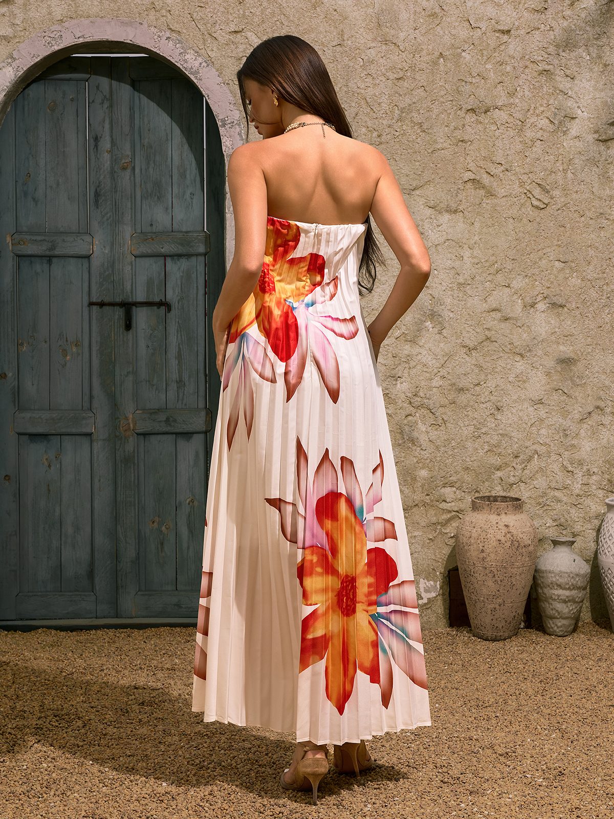 Devlin Strapless Floral Pleated Maxi Dress