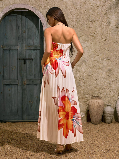 Devlin Strapless Floral Pleated Maxi Dress