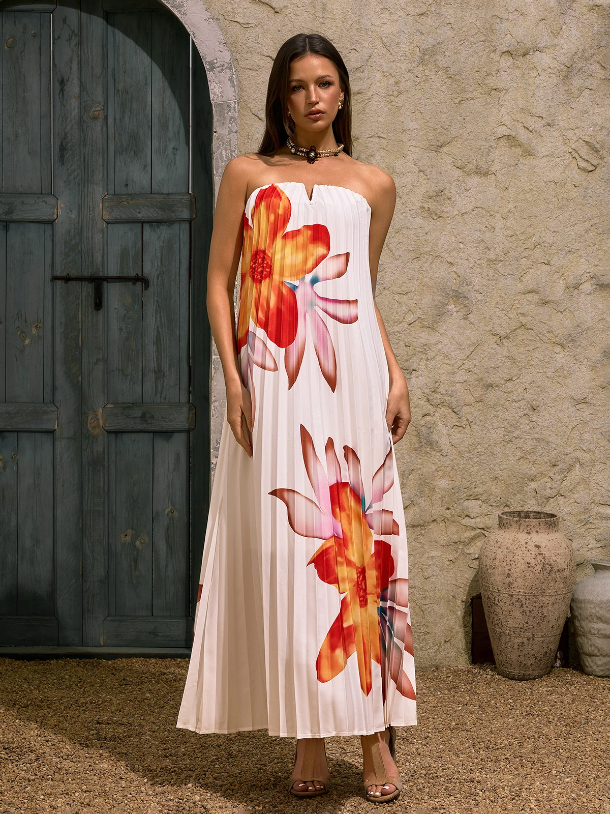 Devlin Strapless Floral Pleated Maxi Dress