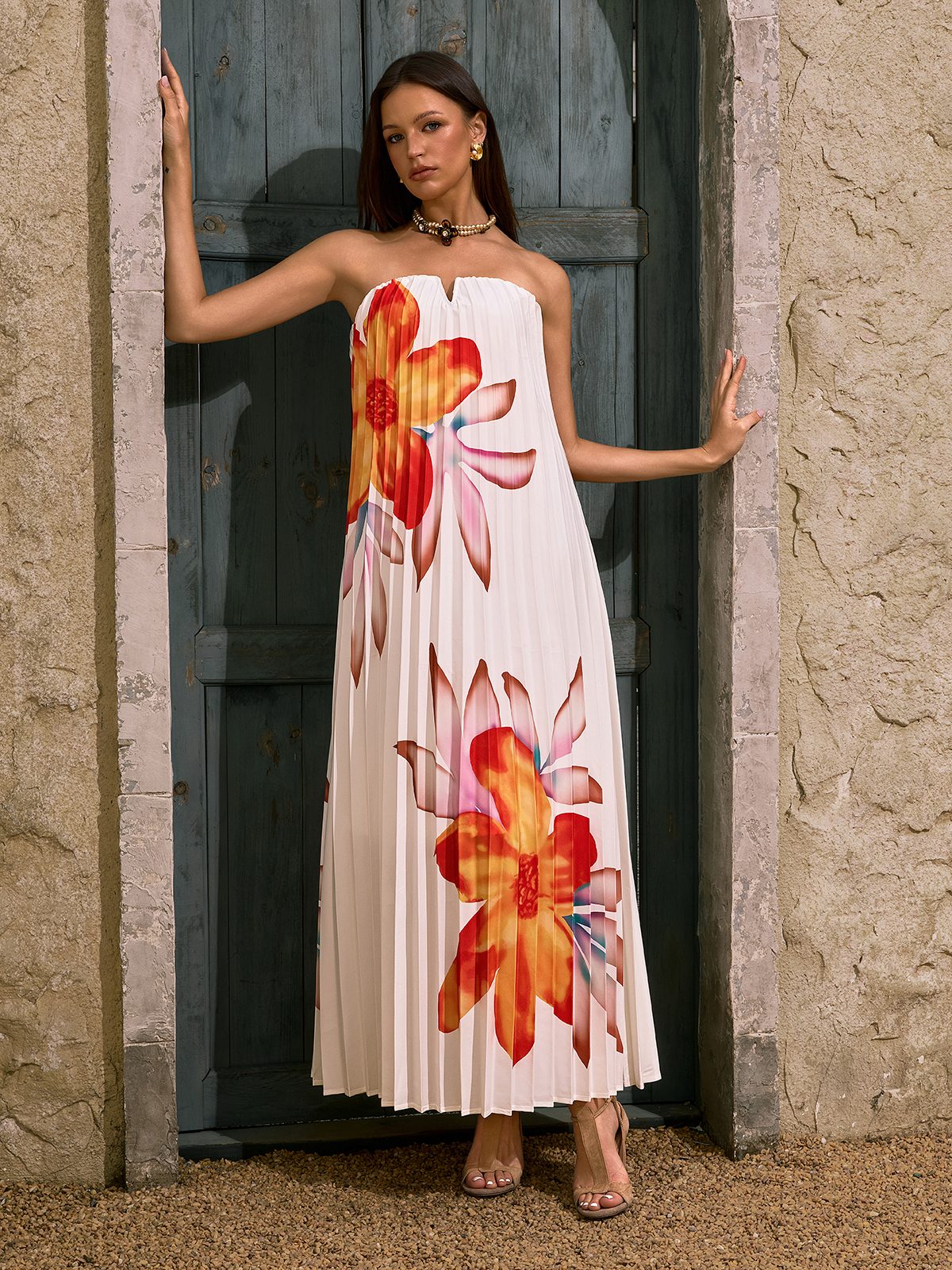Devlin Strapless Floral Pleated Maxi Dress