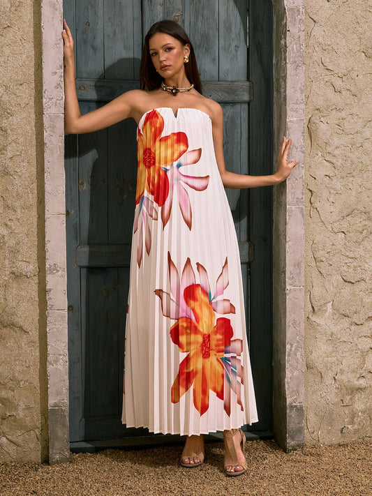 Devlin Strapless Floral Pleated Maxi Dress