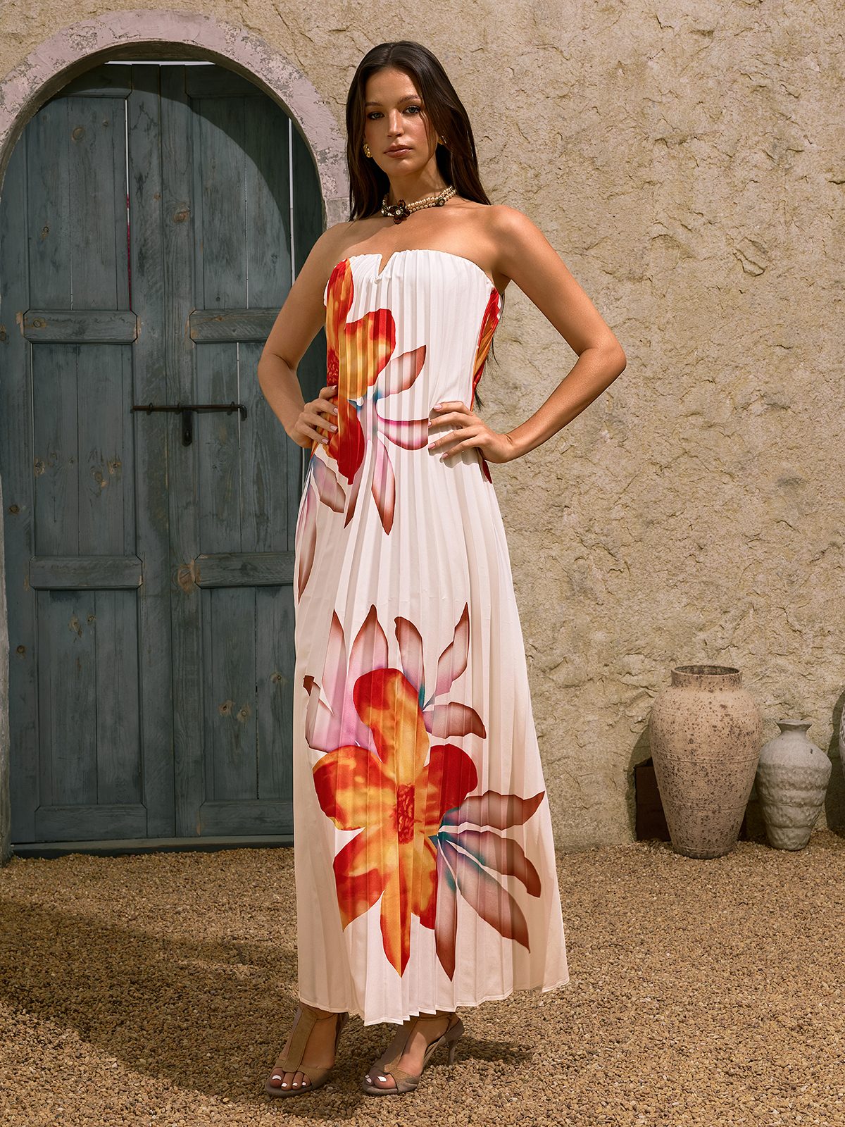 Devlin Strapless Floral Pleated Maxi Dress