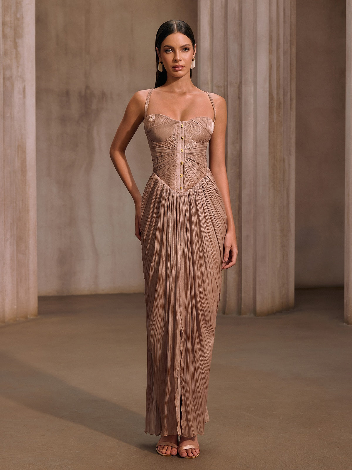Heliox Metallic Corset Maxi Dress