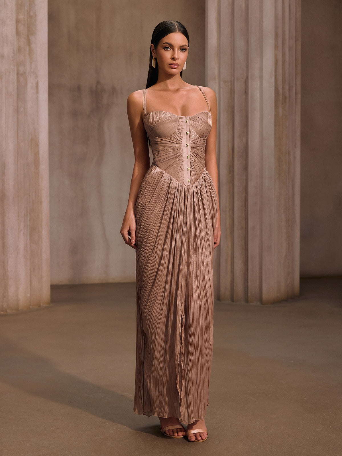 Heliox Metallic Corset Maxi Dress