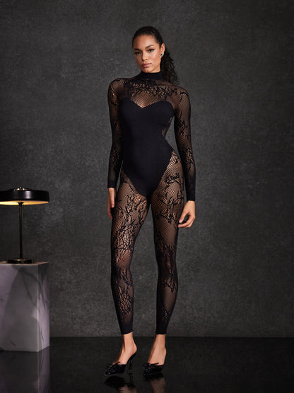 Hyetala High Neck Lace Cutout Jumpsuit