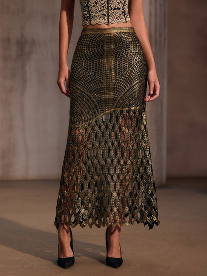 Leldrin Cutout Metallic Skirt In Black & Gold