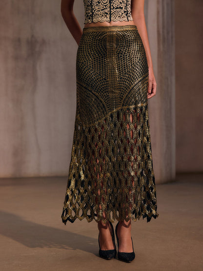 Leldrin Cutout Metallic Skirt In Black & Gold