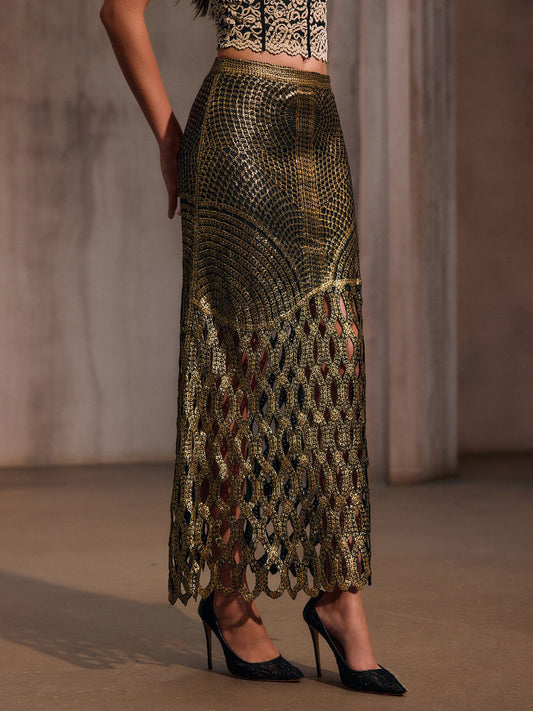 Leldrin Cutout Metallic Skirt In Black & Gold
