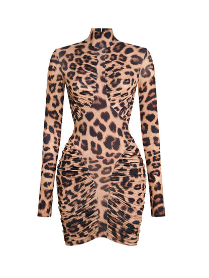 Mixotroph Backless Ruched Mini Dress In Leopard