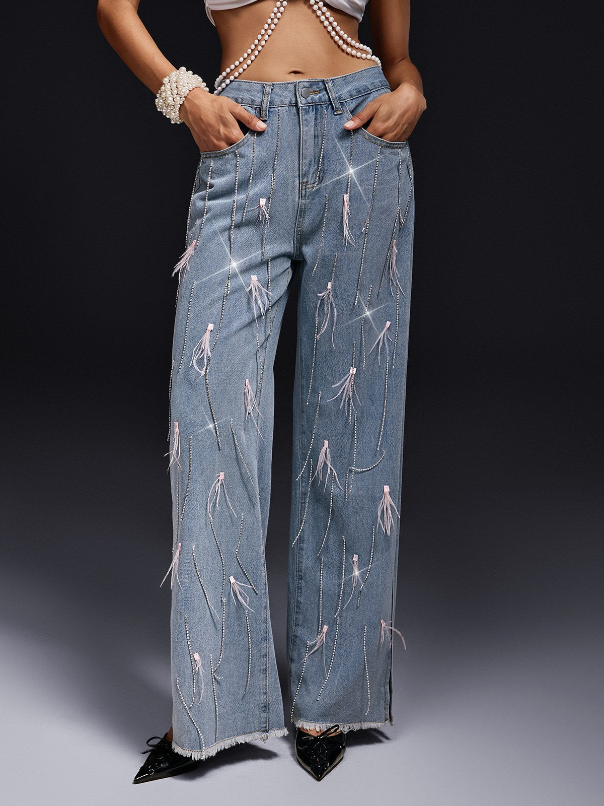 Olivette Rhinestone Fringe Feather Jeans