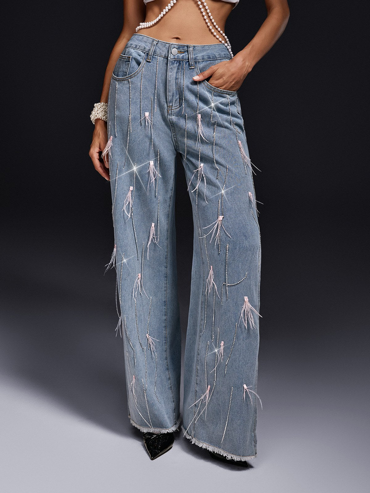 Olivette Rhinestone Fringe Feather Jeans