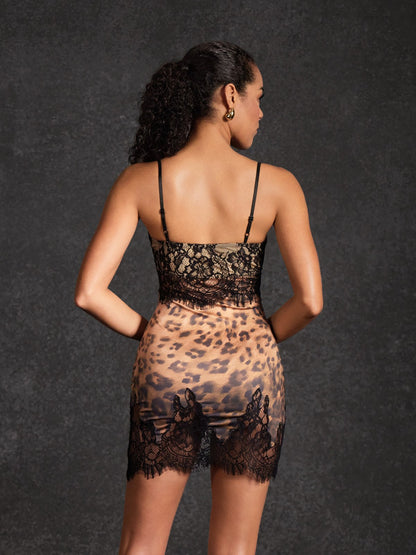 Raelira Spaghetti Lace Leopard Mini Dress