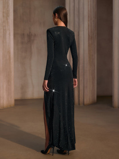 Sazra Plunge Neck Split Rhinestone Maxi Dress