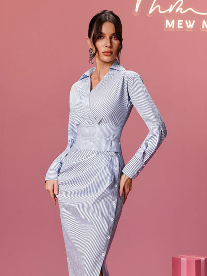 Ulythra Folded Collar Stripe Split Shirt Maxi Dress