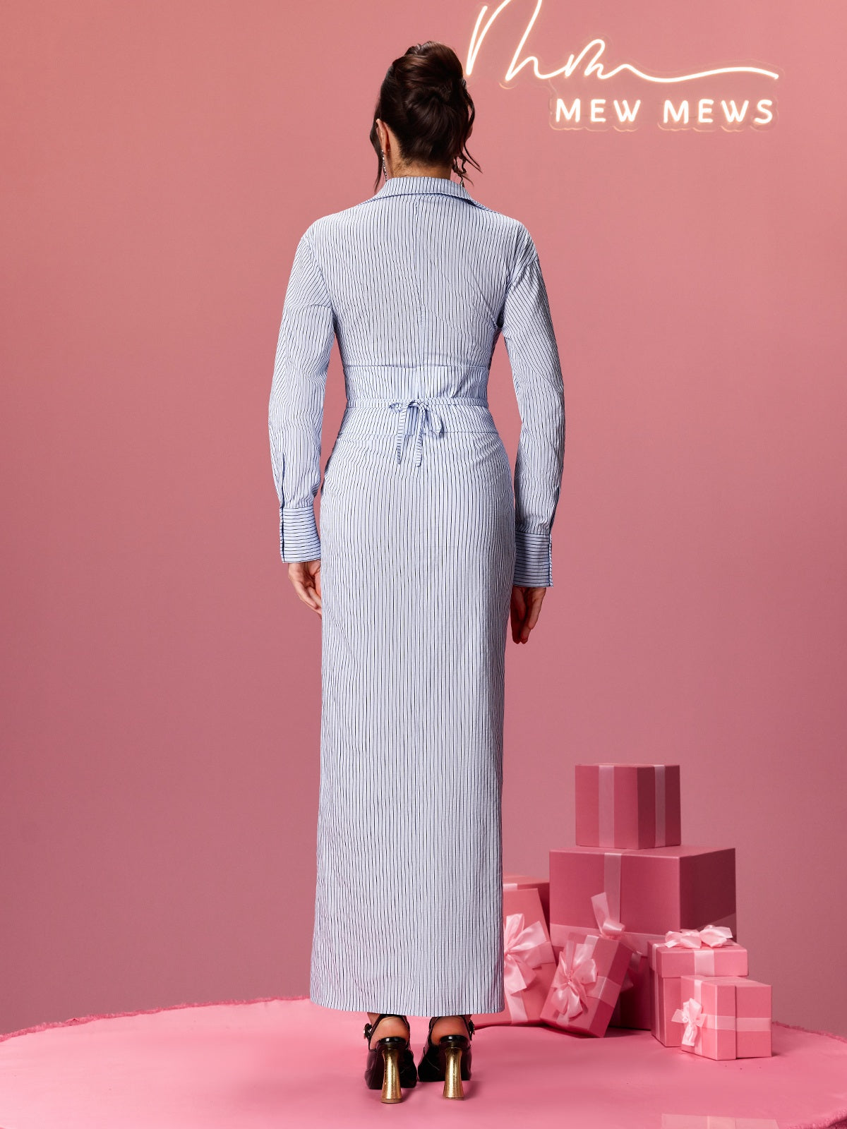 Ulythra Folded Collar Stripe Split Shirt Maxi Dress