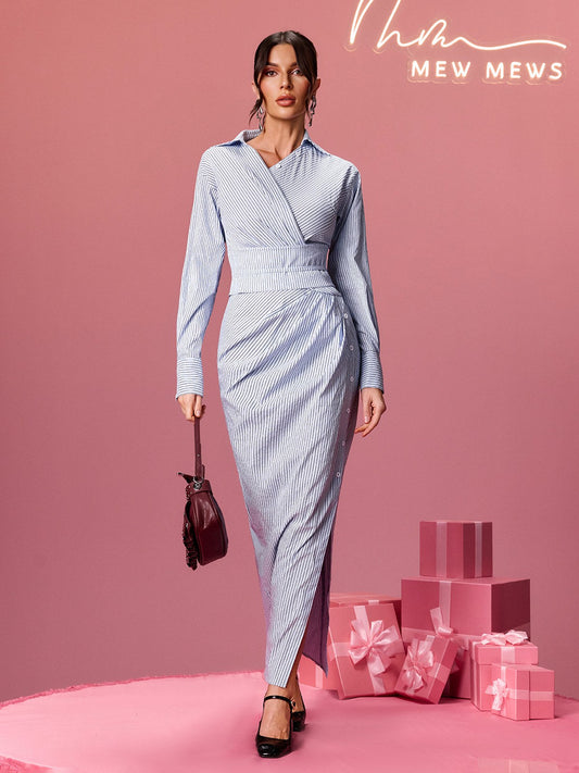 Ulythra Folded Collar Stripe Split Shirt Maxi Dress