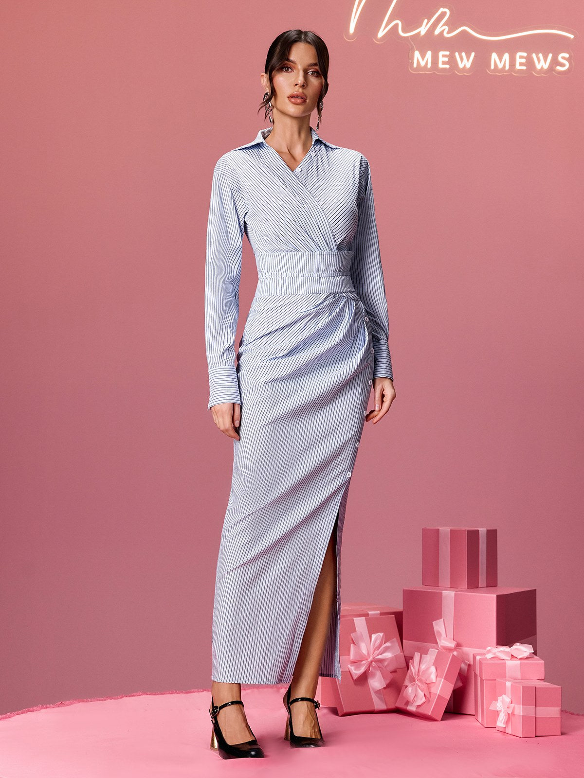 Ulythra Folded Collar Stripe Split Shirt Maxi Dress