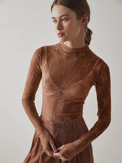 🔥LAST 4 HOURS 57% OFF -💥Women's Floral Lace Thumb Hole Sheer Tee