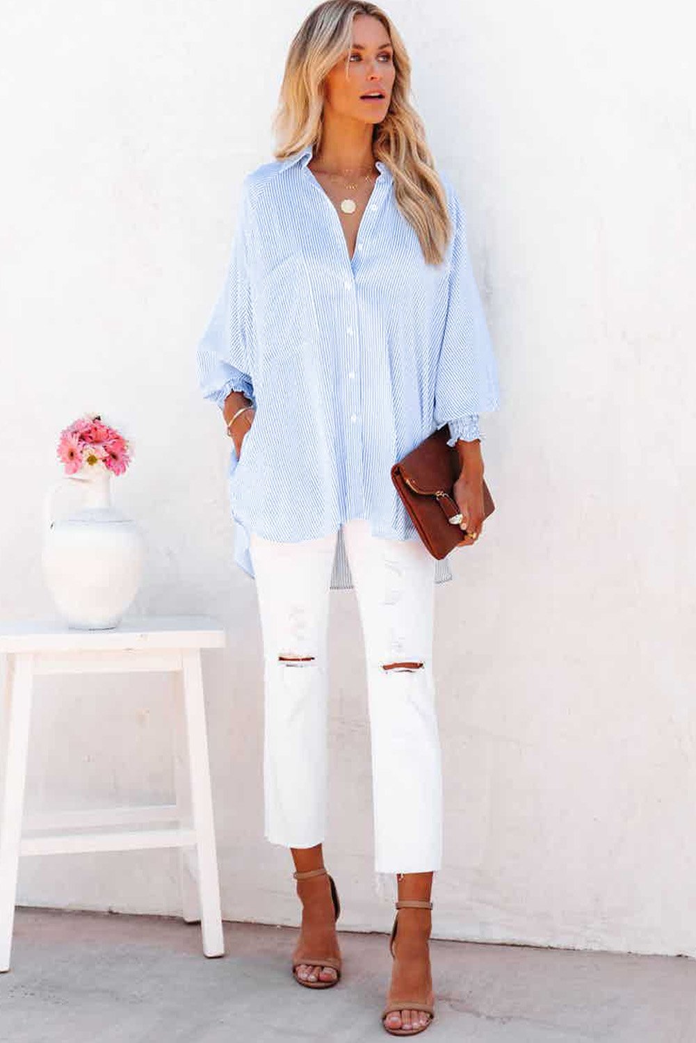 ✨This Week's Special Price $49.99💥Mid-length smocked shirt with striped lapel and oversized drawdown sleeves