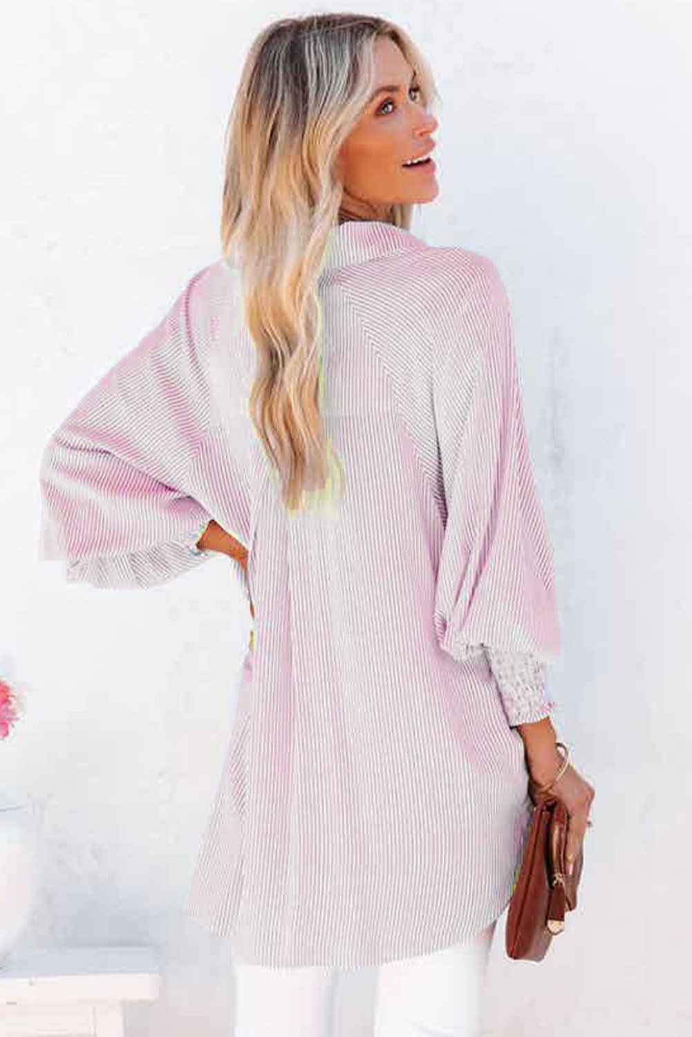 🔥LAST DAY 57% OFF - 🏆️Mid-length smocked shirt with striped lapel and oversized drawdown sleeves