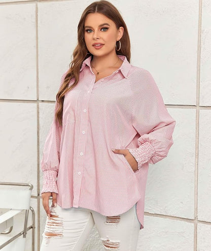 🔥LAST DAY 57% OFF - 🏆️Mid-length smocked shirt with striped lapel and oversized drawdown sleeves