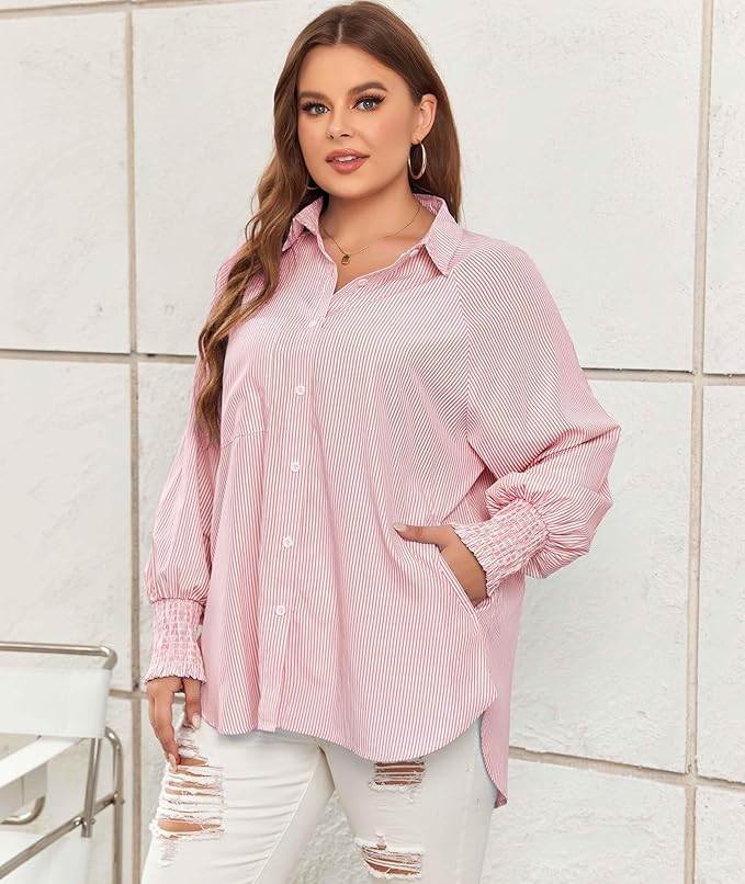 ✨This Week's Special Price $49.99💥Mid-length smocked shirt with striped lapel and oversized drawdown sleeves