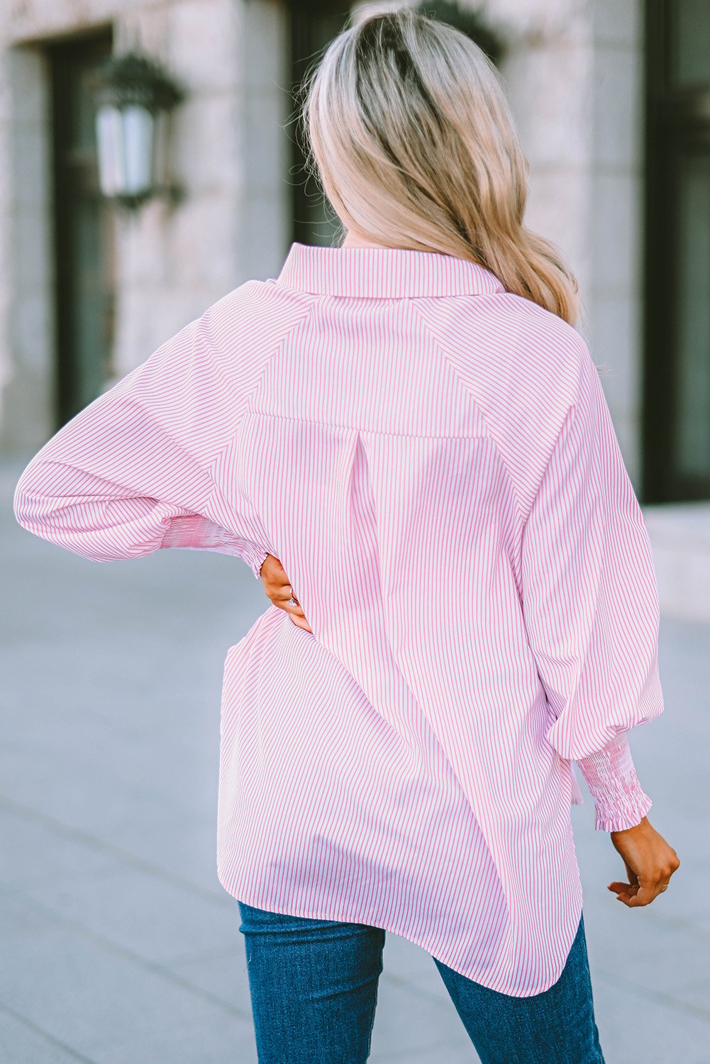 🔥LAST DAY 57% OFF - 🏆️Mid-length smocked shirt with striped lapel and oversized drawdown sleeves