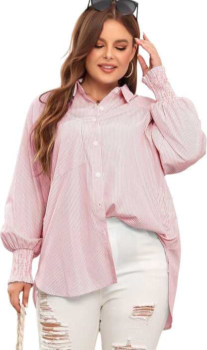 🔥LAST DAY 57% OFF - 🏆️Mid-length smocked shirt with striped lapel and oversized drawdown sleeves