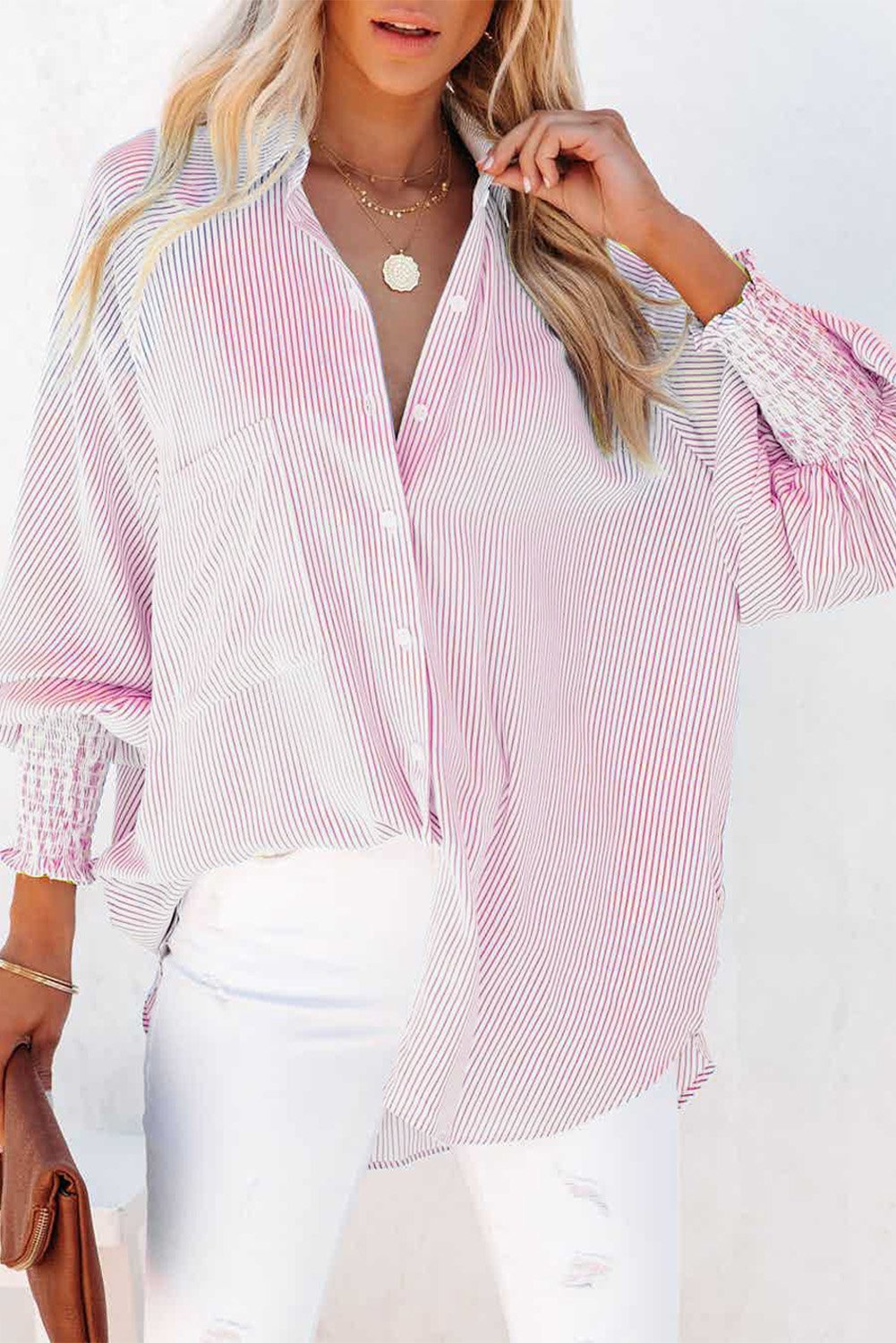 🔥LAST DAY 57% OFF - 🏆️Mid-length smocked shirt with striped lapel and oversized drawdown sleeves