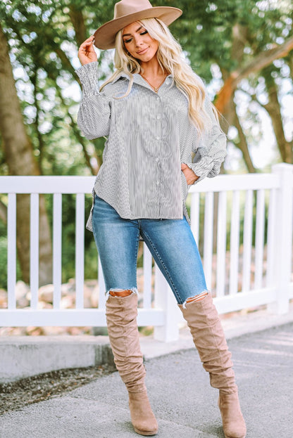 🔥LAST DAY 57% OFF - 🏆️Mid-length smocked shirt with striped lapel and oversized drawdown sleeves